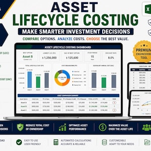 Puede incluir: Un portátil y dos tabletas muestran un panel de control de cálculo de costes del ciclo de vida de los activos. La pantalla muestra gráficos y datos para el análisis financiero, incluyendo el coste total del ciclo de vida, el valor actual y el coste anual equivalente.