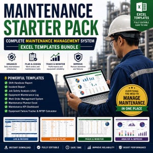 May include: A promotional image for an Excel templates bundle, titled "MAINTENANCE STARTER PACK." The image features a person in a hard hat using a laptop displaying charts. The text highlights features like "Organize," "Plan & Assign," and "Track & Monitor."