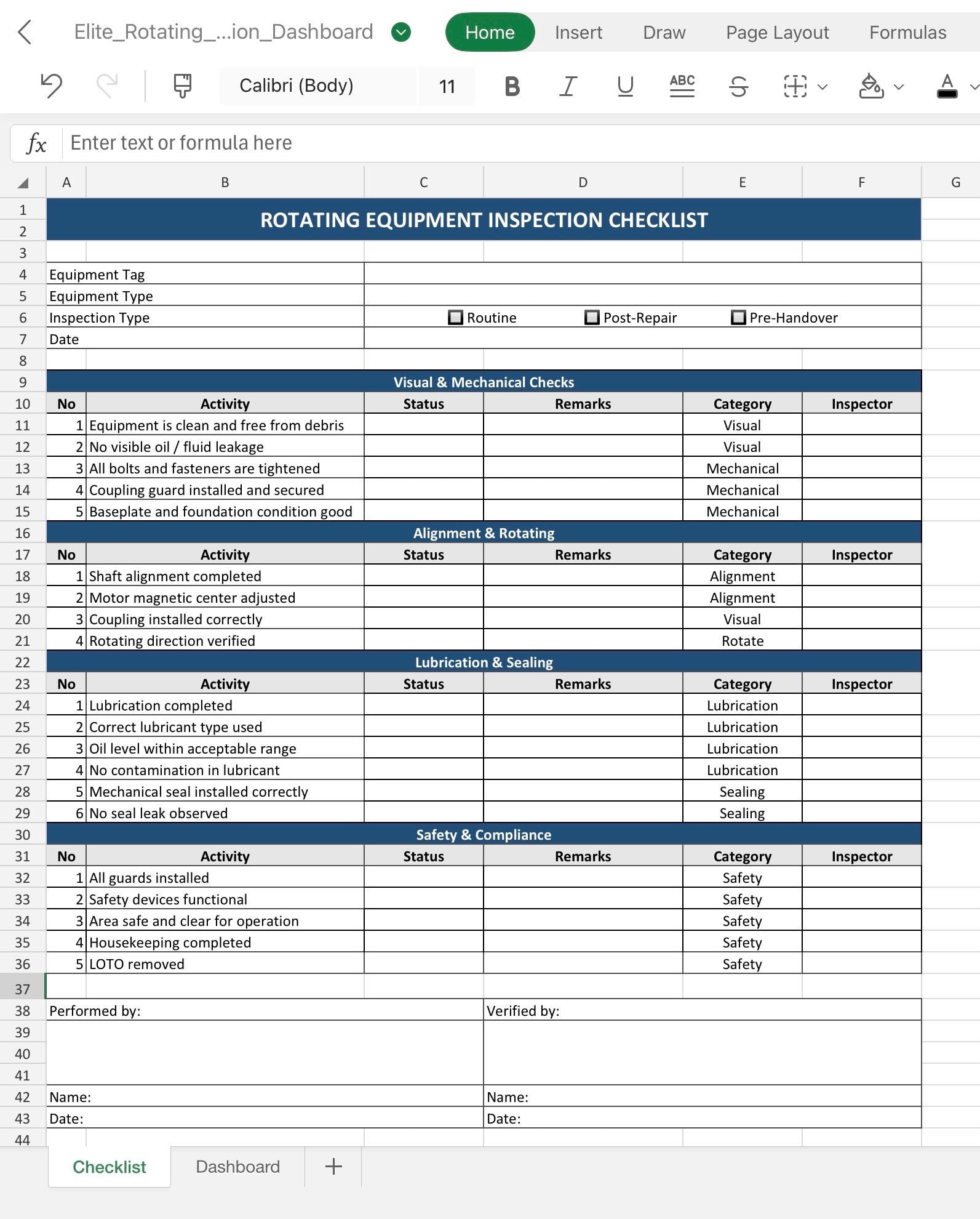Rotating Equipment Inspection Checklist Excel | Pump Motor Inspection ...