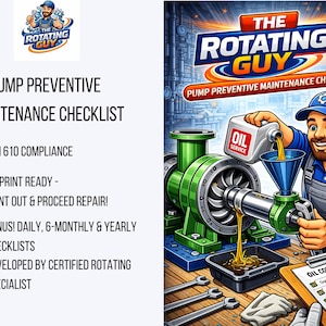 May include: An illustrated advertisement for "The Rotating Guy" featuring a cartoon mechanic servicing a green pump. The image includes the text "Pump Preventive Maintenance Checklist" and "Oil Service".