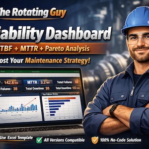 Rastreador de fallas de equipos y calculadora MTBF en Excel / Panel de confiabilidad / MTTR / Análisis de Pareto / Herramienta de KPI de mantenimiento