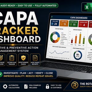May include: A laptop displays a CAPA Tracker Dashboard, an Excel template for corrective and preventive action management. The screen shows charts and graphs with data visualizations. Text includes "Audit-Ready," "Easy to Use," and "Fully Automated."