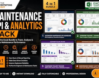 Paket med underhålls-KPI och analys | Excel-instrumentpaneler för efterlevnad av underhållsåtgärder, driftstopp, fel och budgetuppföljning | Digital nedladdning