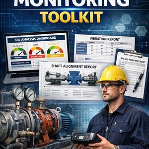 Puede incluir: Imagen de un kit de herramientas de monitorización de condiciones con el título "CONDITION MONITORING TOOLKIT". La imagen incluye un portátil que muestra un panel de análisis de aceite, informes de vibración y alineación de ejes, y un hombre con un casco amarillo.