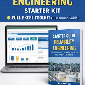 Puede incluir: Un portátil que muestra una hoja de cálculo de Excel con gráficos, junto a un libro titulado "Starter Guide Reliability Engineering". La imagen también incluye el texto "Reliability Engineering Starter Kit" y "Full Excel Toolkit (+ Beginner Guide)."