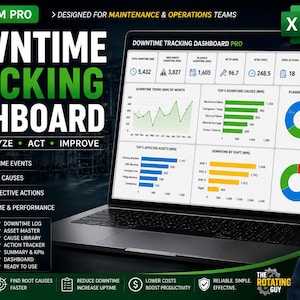 May include: A laptop screen displays a "Downtime Tracking Dashboard Pro" Excel template. The dashboard shows data visualizations, charts, and key performance indicators (KPIs) for maintenance and operations teams. The image includes the text "Log, Analyze, Act, Improve."