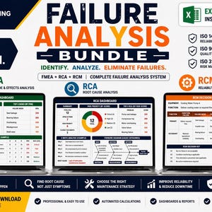 Puede incluir: Un paquete de productos digitales titulado "Failure Analysis Bundle" con el texto "Identificar. Analizar. Eliminar fallos". La imagen muestra tres portátiles que muestran paneles para el análisis FMEA, RCA y RCM. Incluye plantillas de Excel para descarga instantánea.