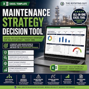 Peut inclure: Un modèle Excel intitulé "Maintenance Strategy Decision Tool" avec un ordinateur portable affichant des visualisations de données. L'image met en évidence des fonctionnalités telles que la priorisation des actifs et l'analyse des défaillances. Le texte comprend "Facile à utiliser" et "Téléchargement instantané."