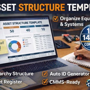 May include: A laptop displaying an "Asset Structure Template" with data visualizations. The screen shows the text "Asset Structure Template" and "Etsy Best Seller!" on a sticky note. The image also includes the text "Organize Equipment & Systems" and "ISO 14224 Compliant".