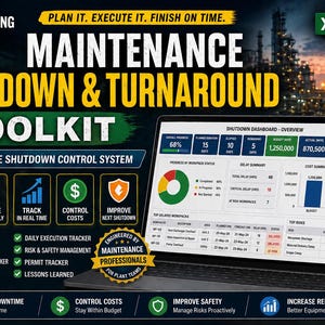 May include: A promotional image for a maintenance shutdown and turnaround toolkit. The image features a laptop displaying a dashboard with data visualizations. Text includes "Maintenance Shutdown & Turnaround Toolkit" and "Excel Based". The image also includes icons and text promoting features like cost control and improved safety.