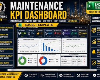 Automated Maintenance KPI Dashboard Excel Template | PM Compliance, Downtime Analytics (Digital Download)