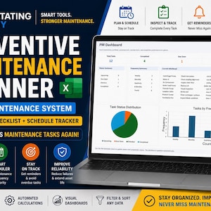 Pode incluir: Um computador portátil exibindo um painel de controle Excel de planejamento de manutenção preventiva com gráficos de status de tarefas, frequências e tabelas de rastreamento. A tela apresenta um PM Dashboard com totais e alertas de atraso.