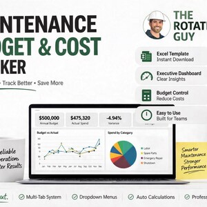 May include: A laptop displays a budget and cost tracker with charts and graphs. The text reads "Maintenance Budget & Cost Tracker." A coffee mug and sticky note are also present. The image promotes an Excel template for budget control.