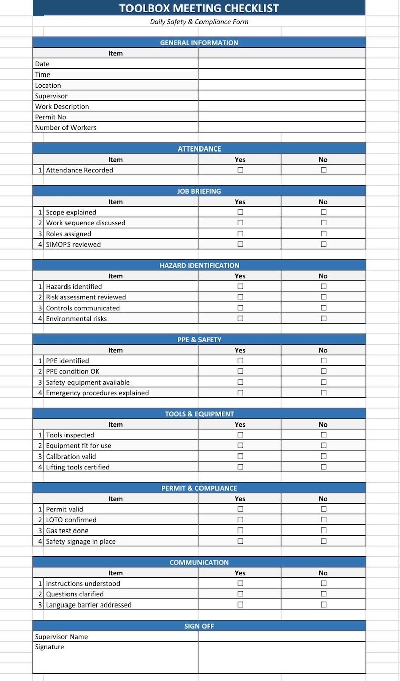 Tool Box Checklist.pdf Safety Toolbox Meeting Checklist | Daily HSE Site Compliance Form ...