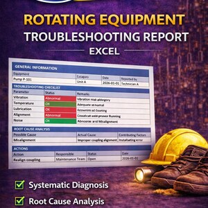 Puede incluir: Un informe de solución de problemas para equipos rotativos, con el texto "The Rotating Guy". El informe incluye una lista de verificación, análisis de causa raíz y acciones de mantenimiento. Un casco amarillo y botas de trabajo están en la imagen.