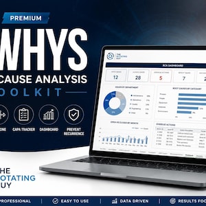 May include: A laptop displaying a Root Cause Analysis Toolkit. The screen shows data visualizations and charts, including a pie chart and bar graphs. The toolkit includes features like 5 Whys, Fishbone, and CAPA Tracker. The text reads "5 Whys Root Cause Analysis Toolkit."