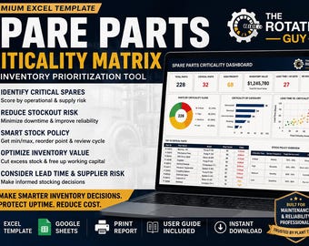 Spare Parts Criticality Matrix Excel | MRO Inventory Prioritization Tool | Lead Time, Stockout Risk & Stock Policy Dashboard