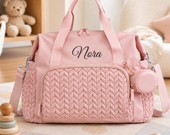 Personalized Quilted Diaper Bag with Name, Navy Blue Chevron Baby Travel Bag, Custom Embroidered Tote, Unisex Shower Gift
