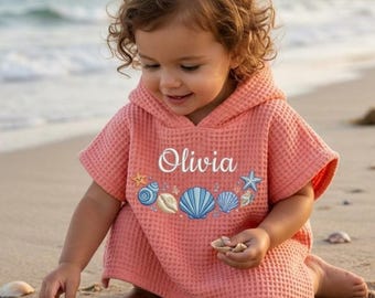 Personalisierte gestickte Name Strandtuch, Waffel Baumwolle Strand Poncho, Badetuch mit individuellem Namen Kleinkind Badetuch, Sommer Reise Handtuch Babypartygeschenk