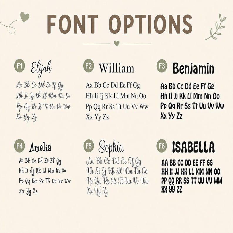 May include: A chart titled FONT OPTIONS displaying six distinct black typeface styles labeled F1 through F6. Each section features a sample name followed by the full uppercase and lowercase alphabet from A to Z, presented on a light background.