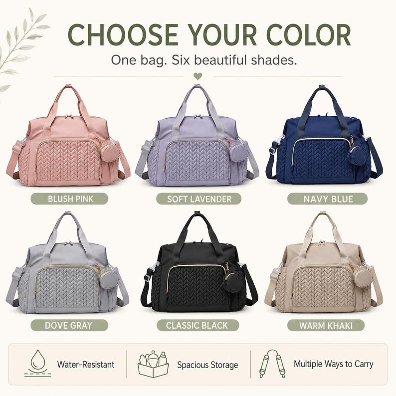 May include: Six duffel bags in blush pink, soft lavender, navy blue, dove gray, classic black, and warm khaki. Each bag features a quilted front pocket, top handles, a shoulder strap, and a small circular pouch. Text reads: CHOOSE YOUR COLOR.