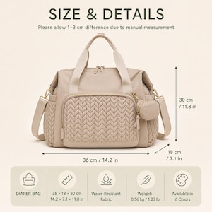 May include: A beige diaper bag with a quilted herringbone front pocket, top handles, and a detachable small pouch. Dimensions are 14.2 inches wide, 7.1 inches deep, and 11.8 inches high. The bag features water-resistant fabric and weighs 1.23 pounds.
