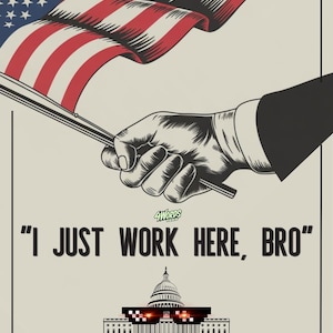 Puede incluir: Portada de un libro para colorear con una ilustración de la bandera estadounidense y un apretón de manos. El texto dice "I JUST WORK HERE, BRO" encima de un gráfico del Capitolio. Libro para colorear de Marc Rubio.