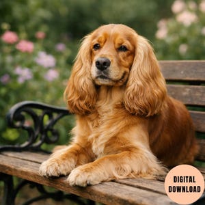 Puede incluir: Un perro Cocker Spaniel dorado está sentado en un banco de madera en un jardín. El perro tiene orejas largas y caídas y una expresión suave. La imagen incluye un gráfico de descarga digital en la esquina inferior derecha.