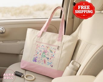 Embroidered Canvas Tote Bag, Cute Aesthetic Floral Tote Bag, Daily Shoulder Bag for Women, Gift for Her, Preppy Summer Tote Bag, Bag Gift