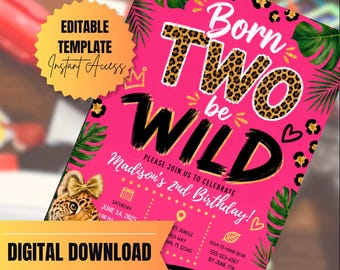 Bewerkbare verjaardagsuitnodiging Born Two Wild Leopard Jungle (digitale download)