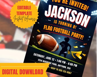 Verjaardagsuitnodiging vlag voetbal: bewerkbare sjabloon kindersportfeest (digitale download)