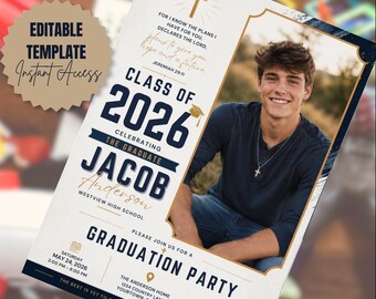 Christelijke senior jongen afstudeeruitnodiging marine gouden afstudeerfeest sjabloon bewerkbare Canva zoon afstudeeraankondiging klasse van 2026
