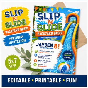 以下が含まれることがあります： ウォータースライダーをテーマにした誕生日パーティーの招待状。「Slip N Slide Backyard Bash!」と「Birthday Invitation」の文字が入っています。招待状のサイズは12.7 x 17.8 cmで、パーティーの詳細が含まれています。