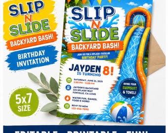 Slip N Slide verjaardagsuitnodiging: Backyard Bash Water Party (digitale download)