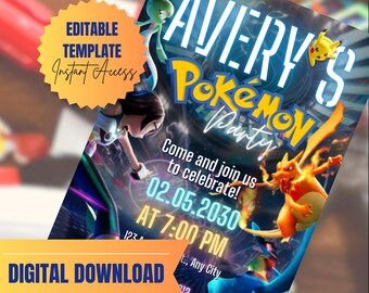 Pokemon verjaardagsuitnodiging bewerkbare canvassjabloon 5 x 7 afdrukbare kinderfeestuitnodiging