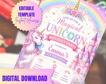 Bewerkbare verjaardagsuitnodiging eenhoorn: pastel regenboog sprookjesfeest (digitale download)