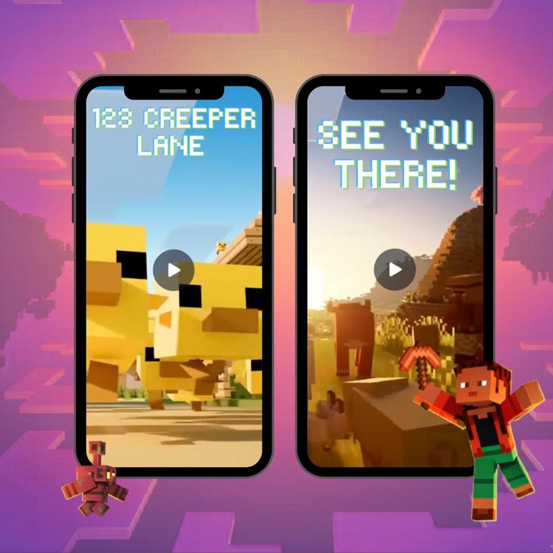 May include: Two smartphones displaying video game scenes. One screen shows the text "123 CREEPER LANE" with yellow blocky characters. The other screen says "SEE YOU THERE!" with a pixelated font. A red and brown character is in the foreground.