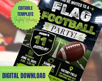 Vlag voetbal verjaardagsuitnodiging jongens sportfeest afdrukbare canvassjabloon kinderevenement digitale download