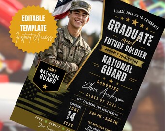 Nationale garde afstuderen uitnodiging militaire senior aankondiging leger nationale garde grad partij uitnodiging bewerkbare canvas sjabloon klasse 2026