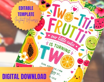 Bewerkbare verjaardagsuitnodiging Two-tti Frutti: tropisch fruitfeest (digitale download)