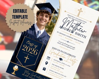 Sjabloon katholieke afstudeersjabloon marine gouden seniorenaankondiging christelijke afstudeeruitnodiging voor hem Canva Edit