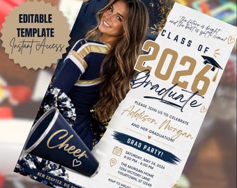 Cheer afstuderen uitnodiging bewerkbare canva-sjabloon Senior cheerleader afstudeerfeest aankondiging klasse van 2026 digitale download