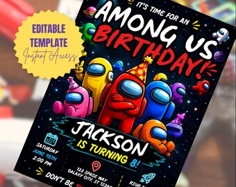 Onder ons verjaardagsuitnodiging bewerkbare canvassjabloon ruimte feest uitnodiging gamer verjaardag digitale download kinderen