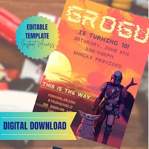 May include: A digital download invitation featuring a sunset scene with the Mandalorian and Grogu. The invitation reads "GROGU IS TURNING 10!" with event details. Includes text "EDITABLE TEMPLATE Instant Access" and "DIGITAL DOWNLOAD".
