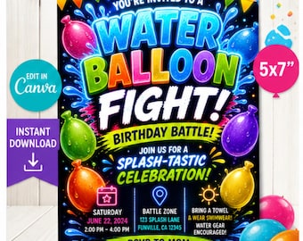 Verjaardagsuitnodiging waterballongevecht (digitale download) – bewerkbare canva-uitnodiging voor zomerfeest