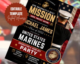Mariene afstudeeruitnodiging bewerkbare USMC Senior aankondiging militaire afstudeerfeest uitnodiging klasse van 2026 Marine Boot Camp-viering