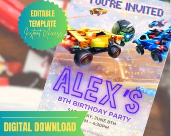 Rocket League verjaardagsuitnodiging, bewerkbare sjabloon auto voetbalfeest (digitale download)