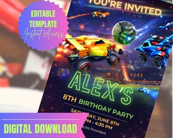 Rocket League-verjaardagsuitnodiging bewerkbare canvassjabloon Gamer Car Soccer Party-uitnodiging