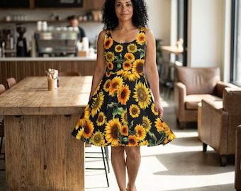 Sunny Sunflower Women's Skater Dress,  Wine Tasting outfit, Juicy Fruity Dress