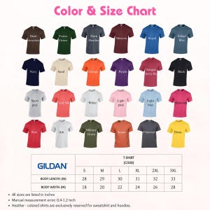 以下が含まれることがあります： Gildan Tシャツ (G500) のカラーとサイズチャート。ダークチョコレート、フォレストグリーン、ネイビーなど、さまざまなTシャツの色が表示されています。サイズSから3XLまでのボディの長さと幅の測定値もインチで含まれています。